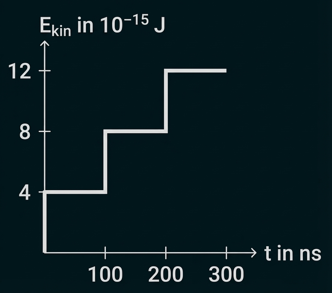 Treppenförmiges Diagramm: kinetische Energie (in 10^-15 J) steigt in drei Stufen bei etwa 0, 100 und 200 ns.